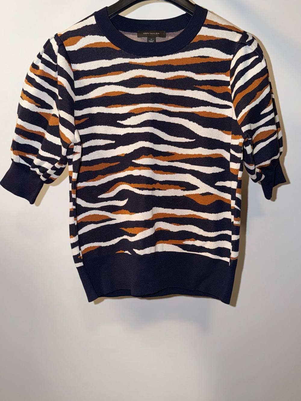 Ann Taylor Navy, White & Brown Zebra-Print Crewneck Pullover